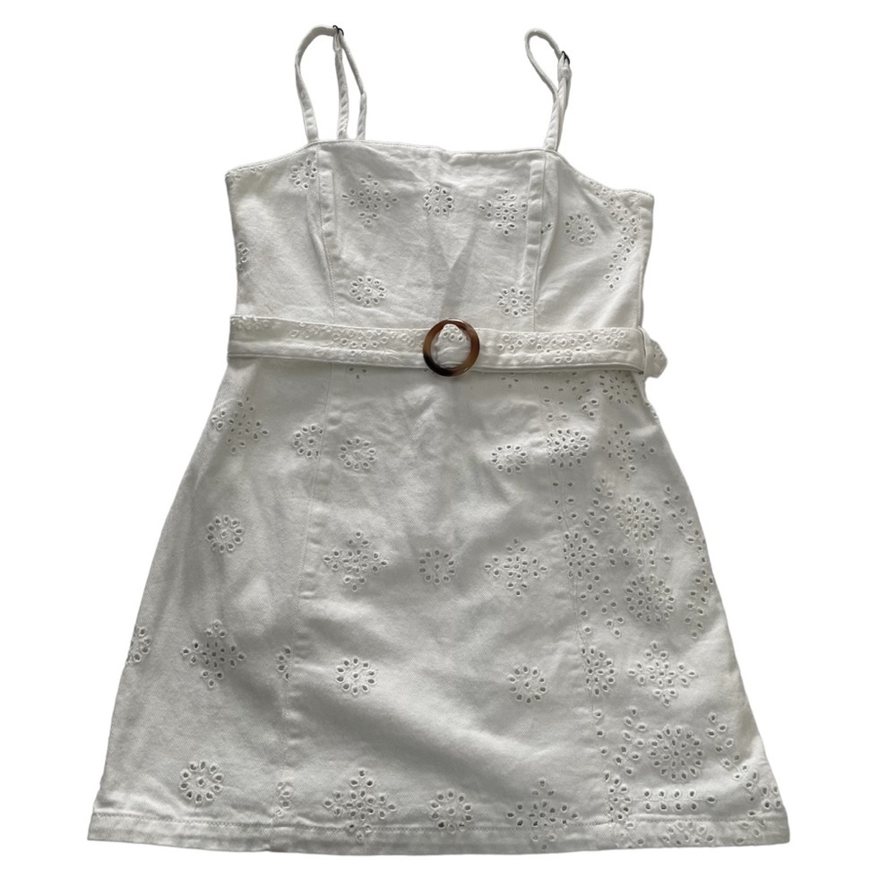 MP/D White Eyelet Denim Mini Dress Adjustable Straps Belt Cotton Size Medium LWD